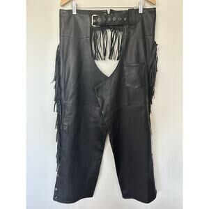 Mens Vintage Leather Chaps Black Size Large 36”-42” Fringe Belt Biker Frontier